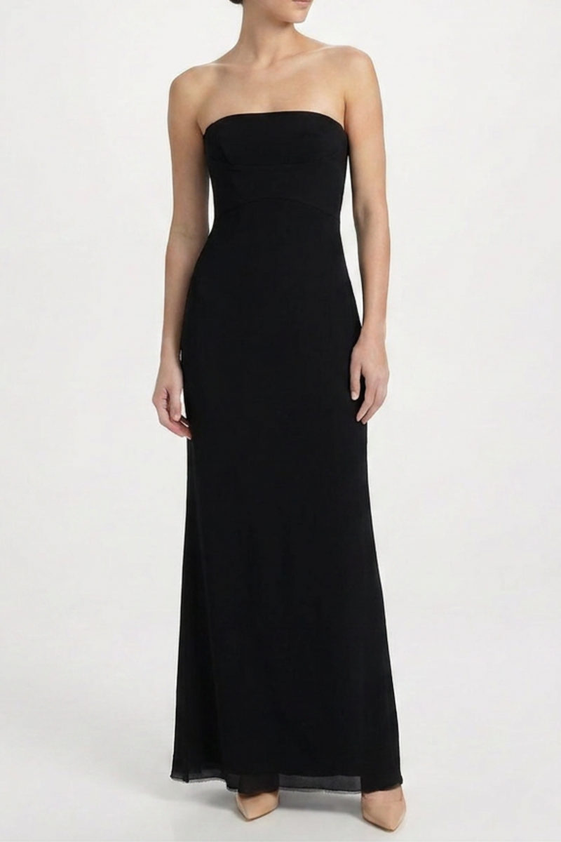 Prada black strapless maxi dress displayed on a mannequin, showcasing a sleek, floor-length design with fitted bodice and flowing skirt.