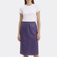 Violet Prada leather A-line skirt with sleek design, shown on a hanger, highlighting its smooth texture and elegant silhouette.