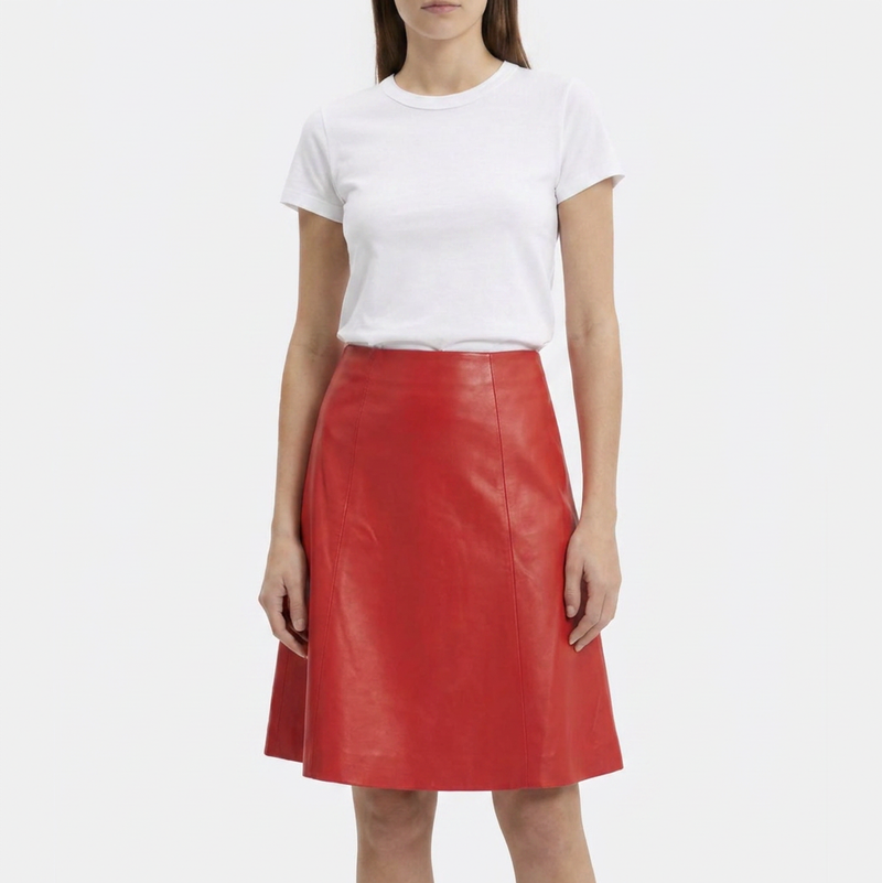 Red leather A-line skirt from Prada featuring a sleek, stylish design and smooth leather fabric.