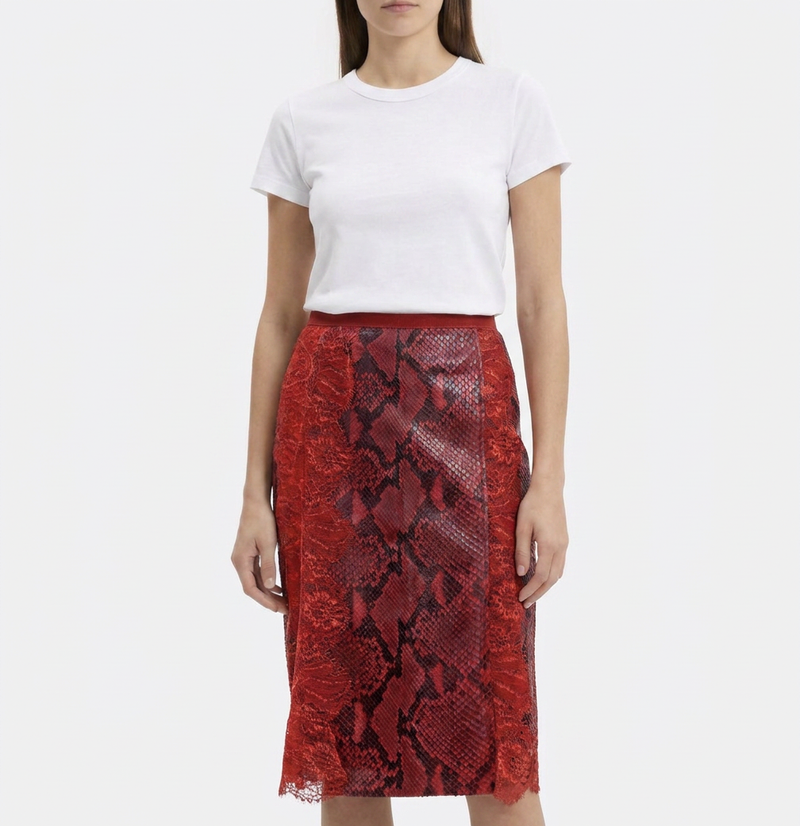 Red leather skirt with lace details from Dolce & Gabbana, featuring a fitted waist and elegant design.