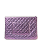 Iridescent purple quilted Chanel large O-case clutch with a sleek, shiny surface and compact design for elegant carry.