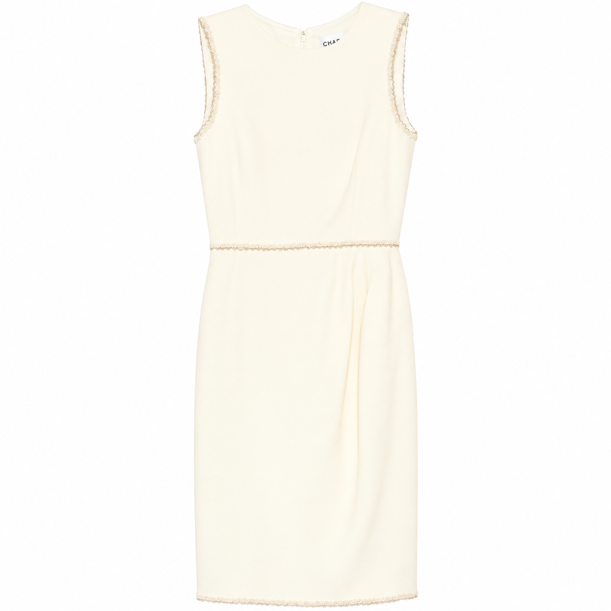Chanel sleeveless cream wool tweed sheath dress with scalloped trim, elegant and tailored for sophisticated style.