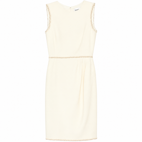 Chanel sleeveless cream wool tweed sheath dress with scalloped trim, elegant and tailored for sophisticated style.