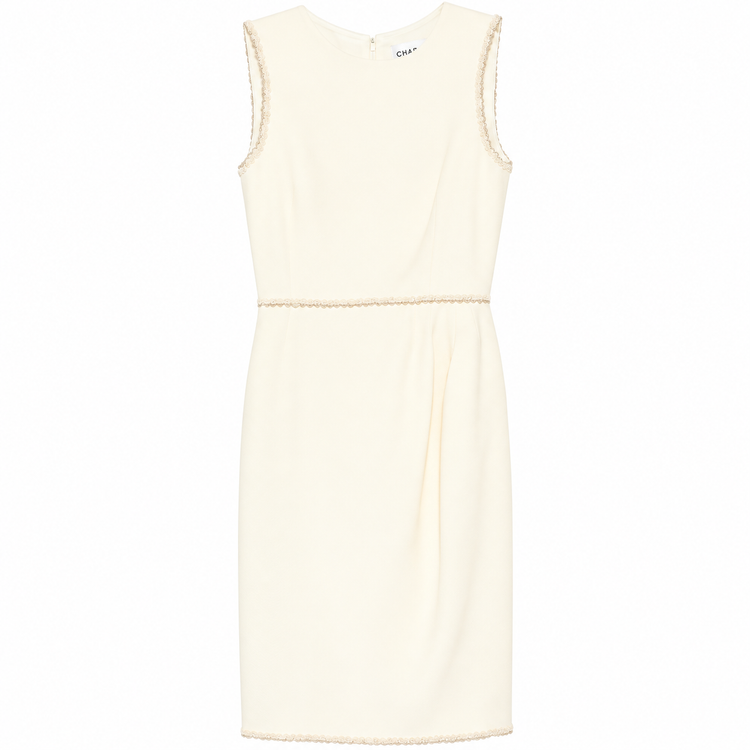 Chanel sleeveless cream wool tweed sheath dress with scalloped trim, elegant and tailored for sophisticated style.