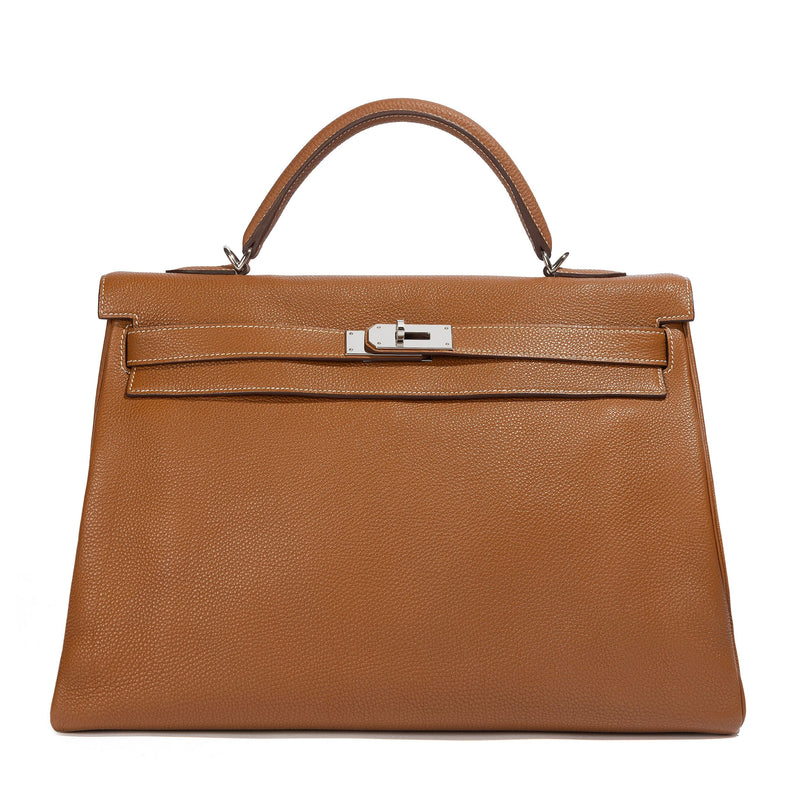 Rewind Vintage Affairs Hermes Kelly 40 Gold PHW bag with structured design and gold hardware, crafted in luxurious leather.