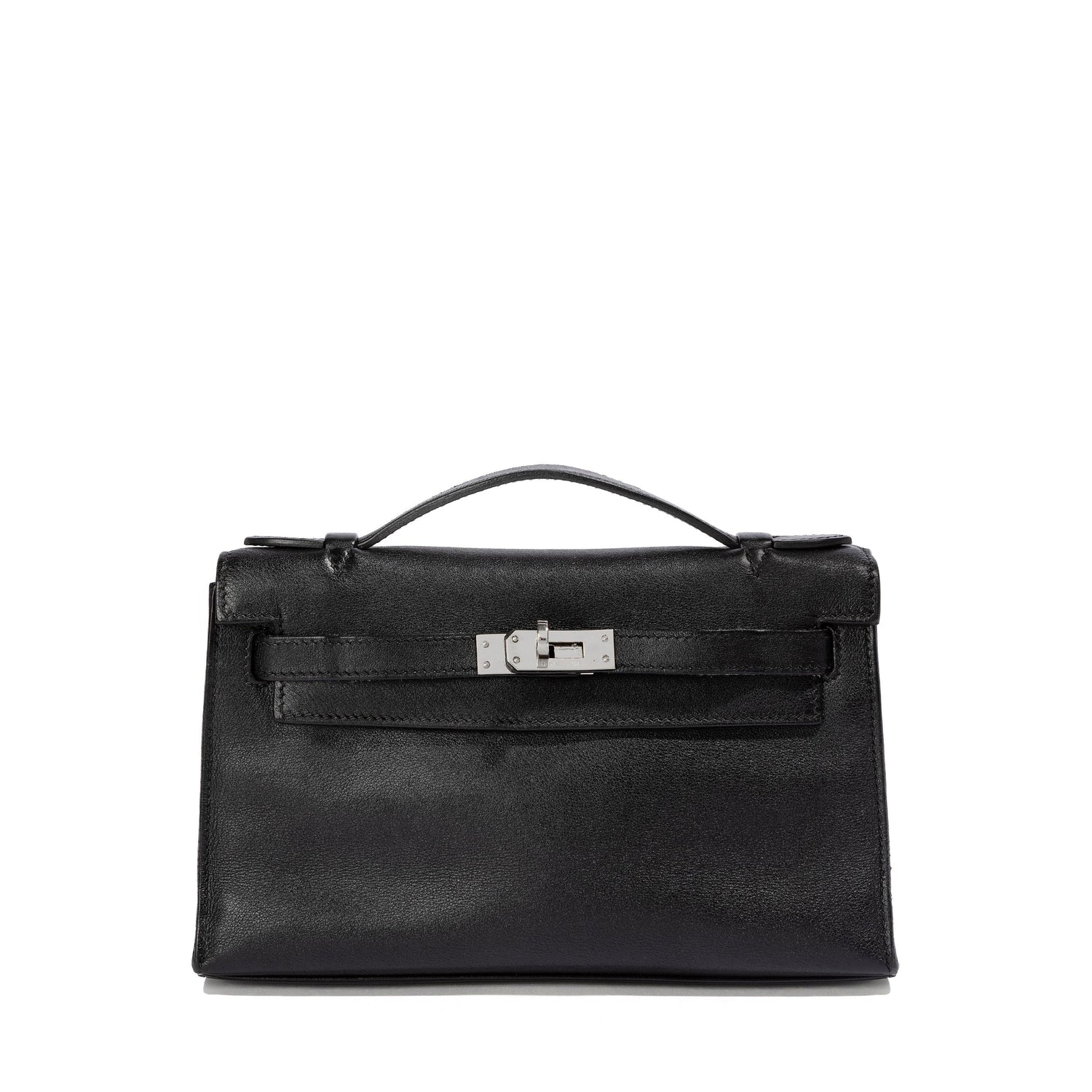 Hermès Kelly Pochette in black swift leather, compact handbag with gold hardware, elegant and luxurious design.