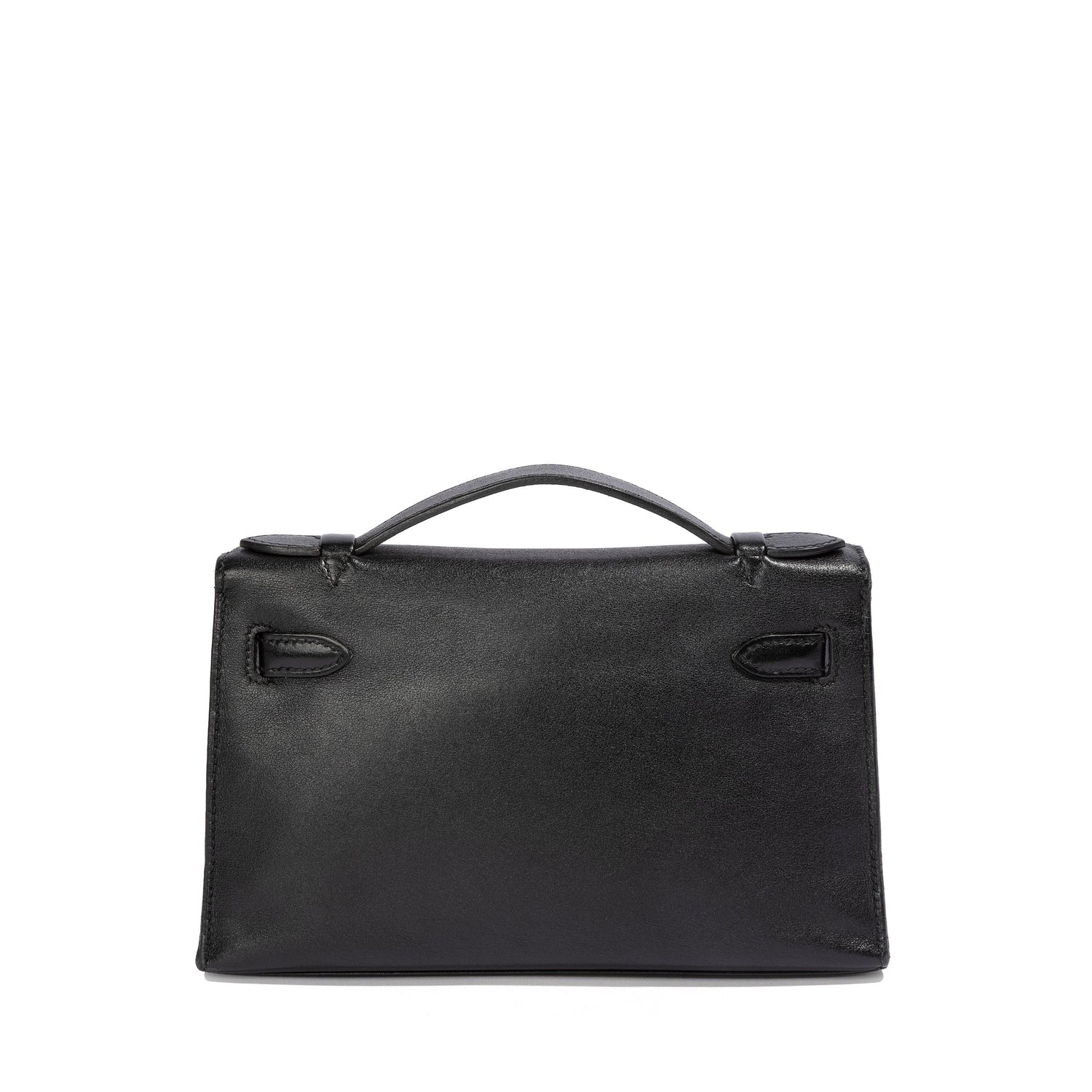 Hermès Kelly Pochette in black swift leather, compact handbag with gold hardware, elegant and luxurious design.