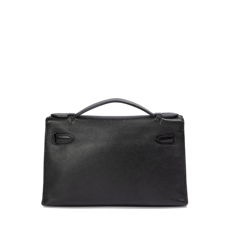 Hermès Kelly Pochette in black swift leather, compact handbag with gold hardware, elegant and luxurious design.