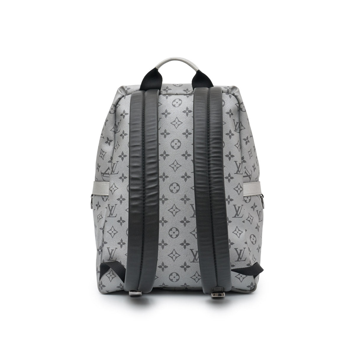 Louis Vuitton Kim Jones Apollo Monogram Reflect Backpack from Spring/Summer 2018 in grey reflective Monogram canvas with black trim, top handle and front zip pocket.