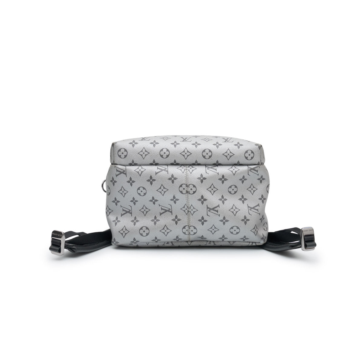 Louis Vuitton Kim Jones Apollo Monogram Reflect Backpack from Spring/Summer 2018 in grey reflective Monogram canvas with black trim, top handle and front zip pocket.
