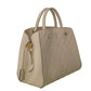 Louis Vuitton Montaigne beige leather handbag with embossed Monogram pattern, structured silhouette, dual top handles and gold-tone hardware.