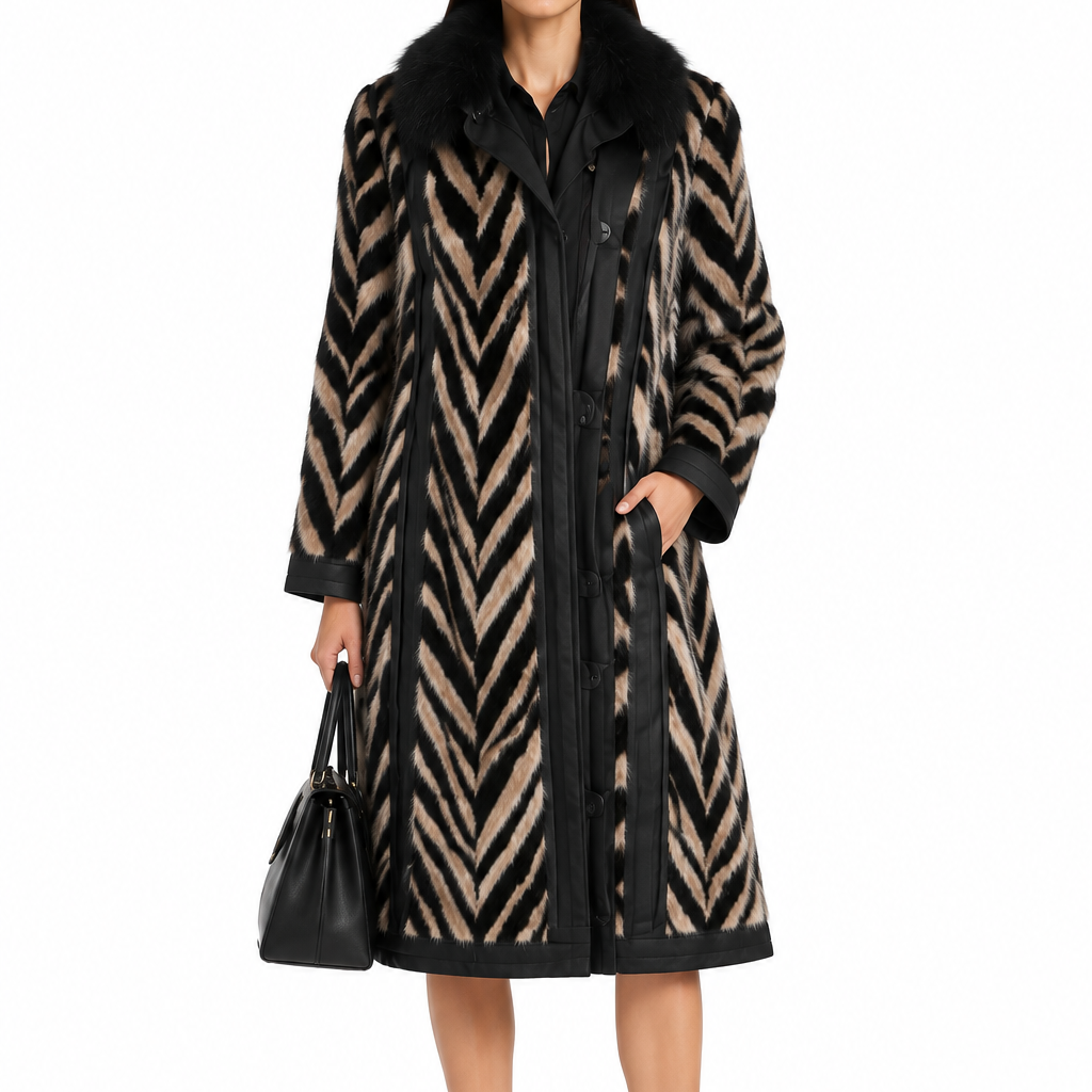 Lanvin animal print fur-collared coat featuring a stylish pattern and luxe fur collar, perfect for elegant winter wear.