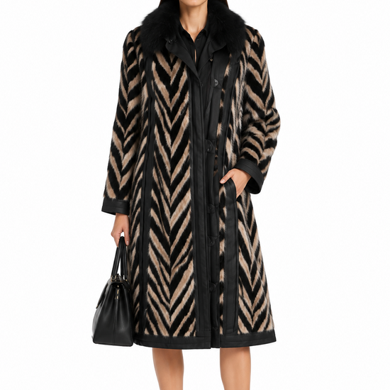 Lanvin animal print fur-collared coat featuring a stylish pattern and luxe fur collar, perfect for elegant winter wear.