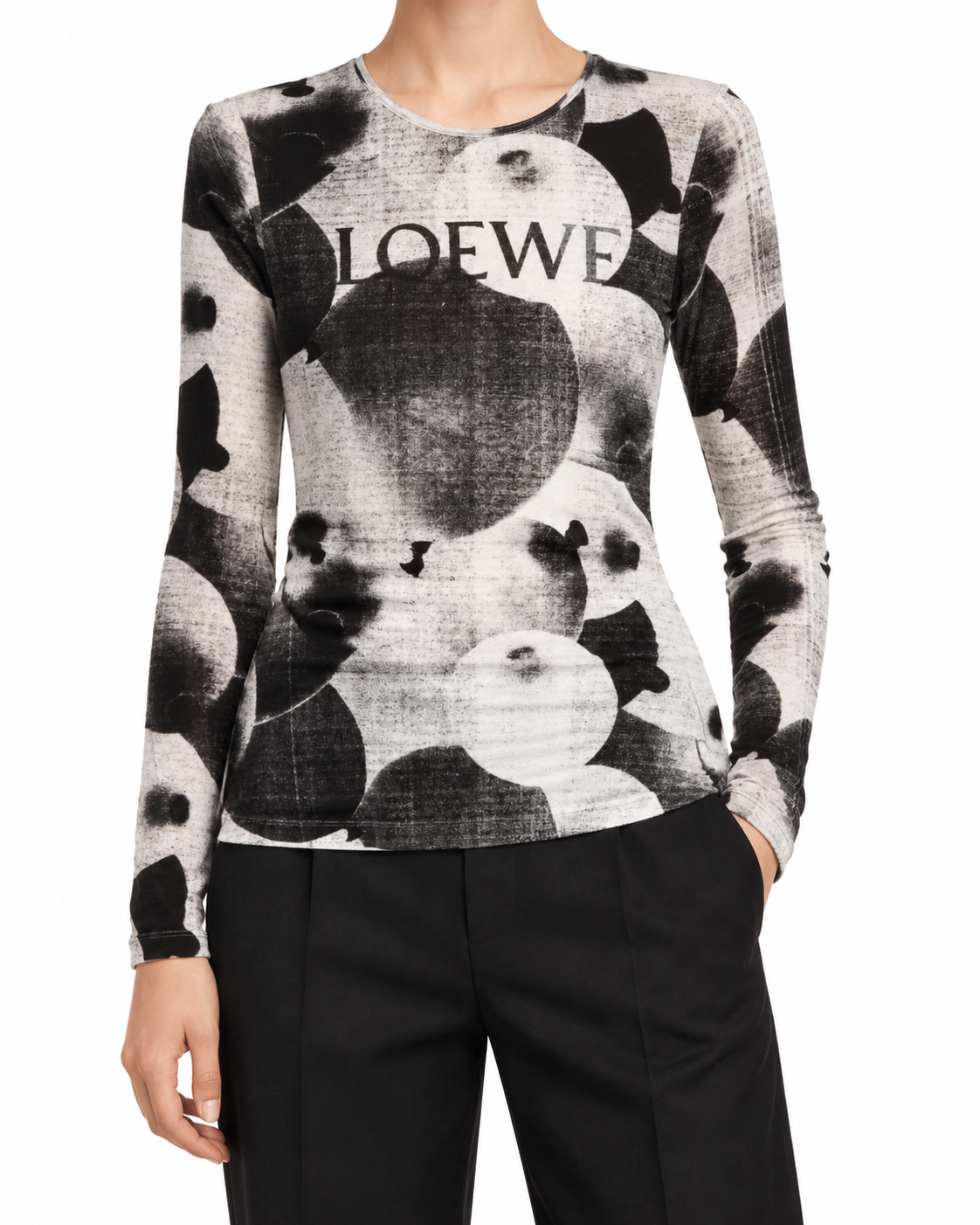 Loewe black balloon-printed long-sleeve top with relaxed fit and bold graphic design, made from soft fabric.