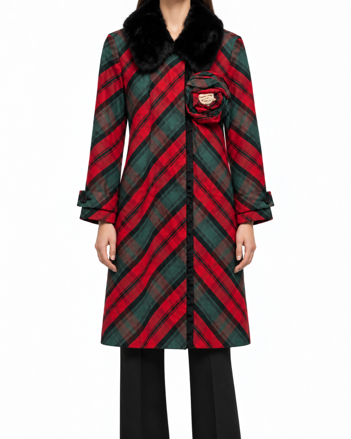 Louis Vuitton 2004 Marc Jacobs tartan trench coat in red, green and black check with plush black collar, long silhouette and oversized rosette appliqué.