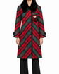 Louis Vuitton 2004 Marc Jacobs tartan trench coat in red, green and black check with plush black collar, long silhouette and oversized rosette appliqué.