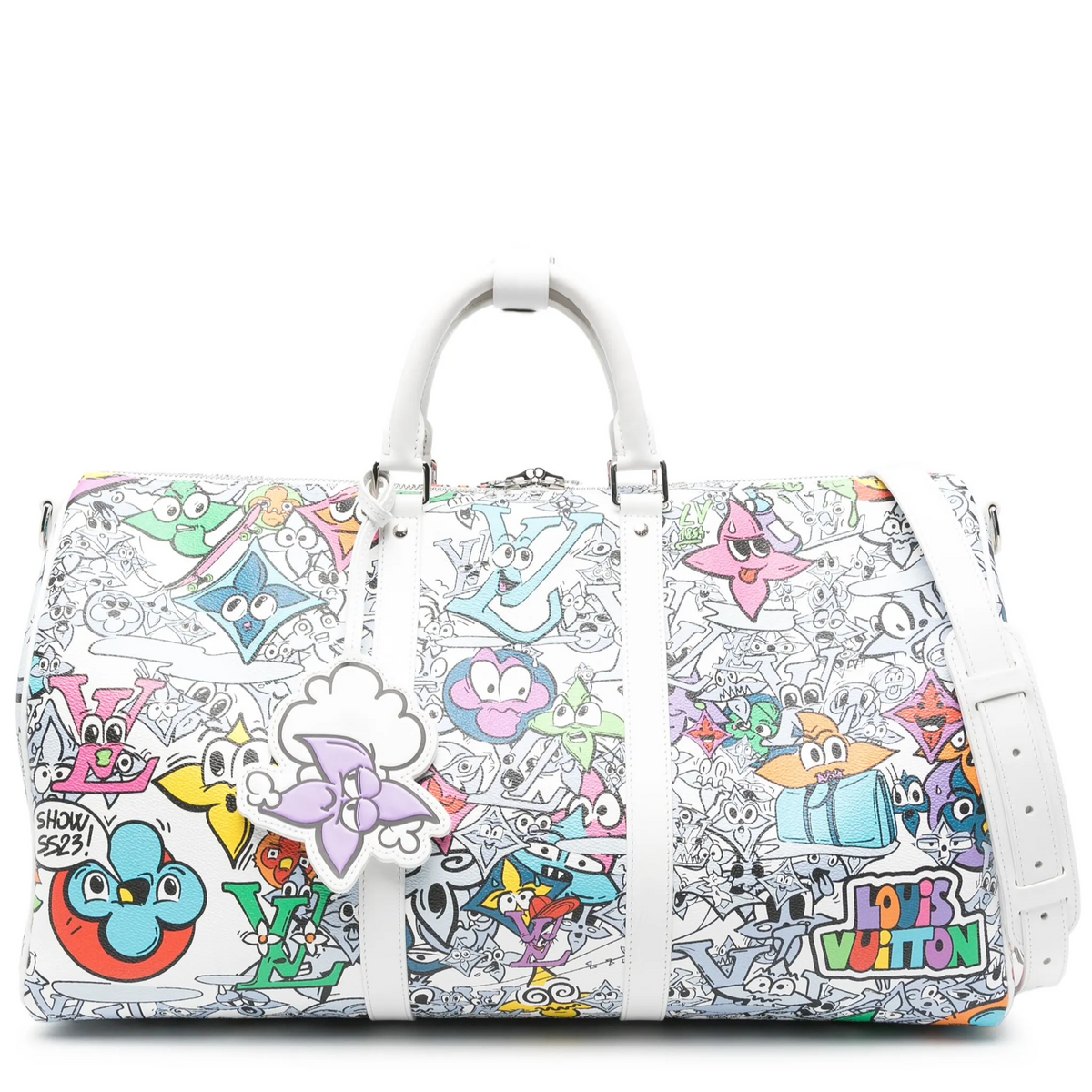 Louis Vuitton Comic Book Monogram Canvas Keepall Bandoulière 50 travel bag with monogram design and leather accents.