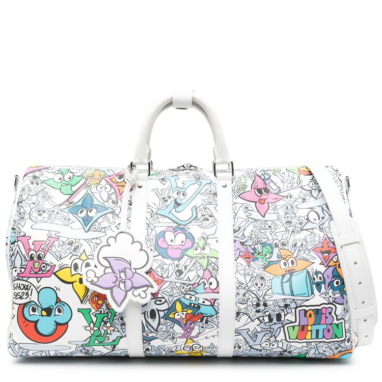 Louis Vuitton Comic Book Monogram Canvas Keepall Bandoulière 50 travel bag with monogram design and leather accents.