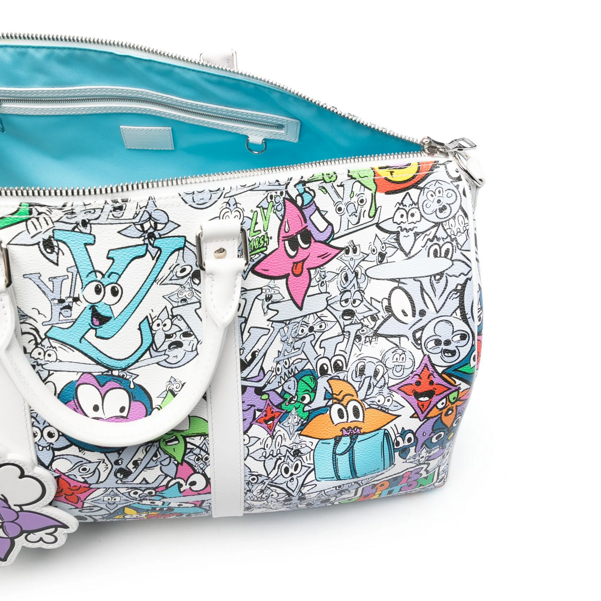 Louis Vuitton Comic Book Monogram Canvas Keepall Bandoulière 50 travel bag with bold comic book print and adjustable strap.