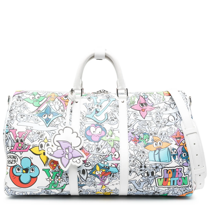 Louis Vuitton Comic Book Monogram Canvas Keepall Bandoulière 50 travel bag with monogram design and leather accents.