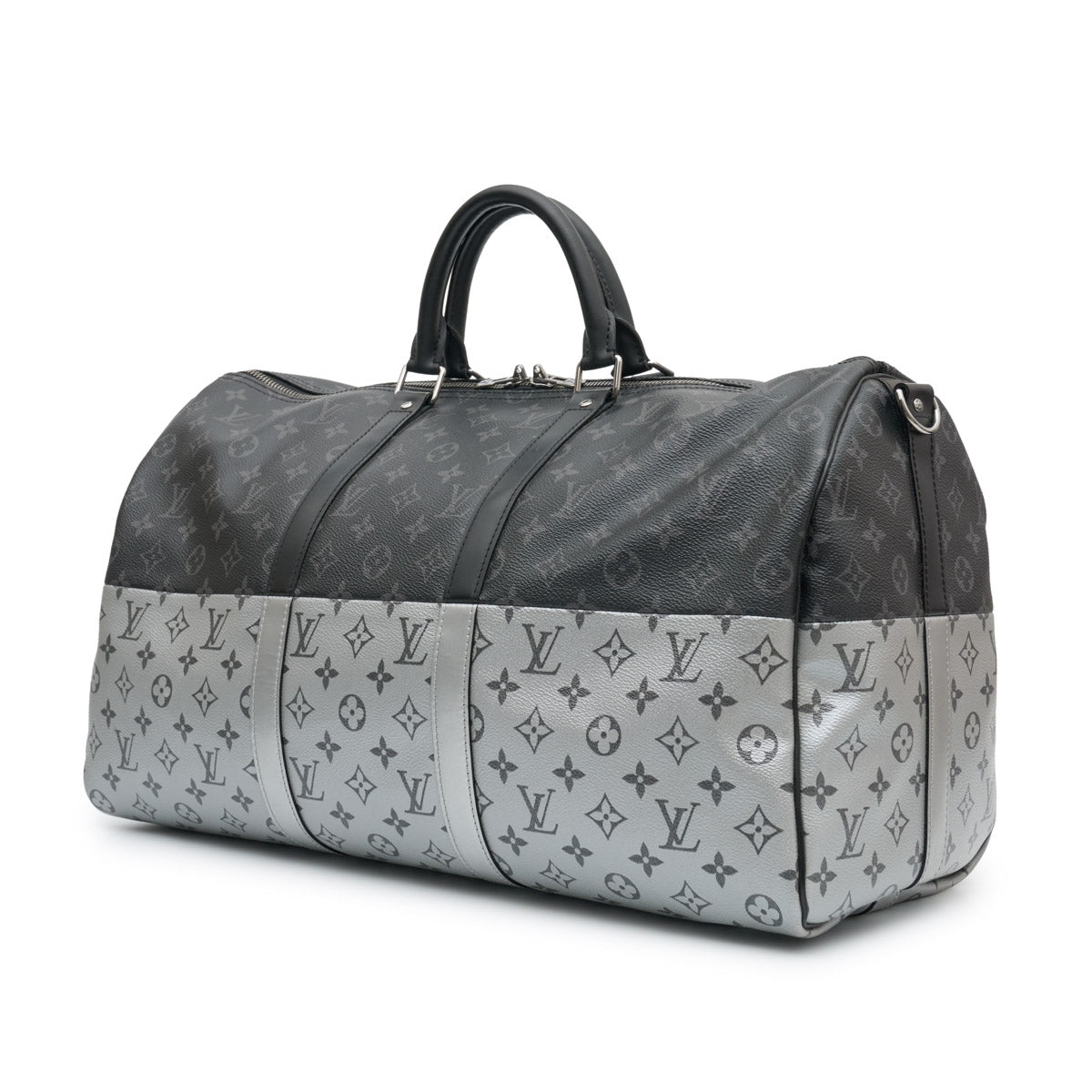 Louis Vuitton Eclipse Monogram Keepall Bandoulière 50 in grey and black Monogram canvas with rolled top handles, zip-top silver and oversized Louis Vuitton logo detail.