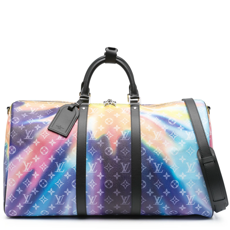 Louis Vuitton Keepall Bandoulière 50 Sunset travel bag with leather handles and spacious design for easy packing.