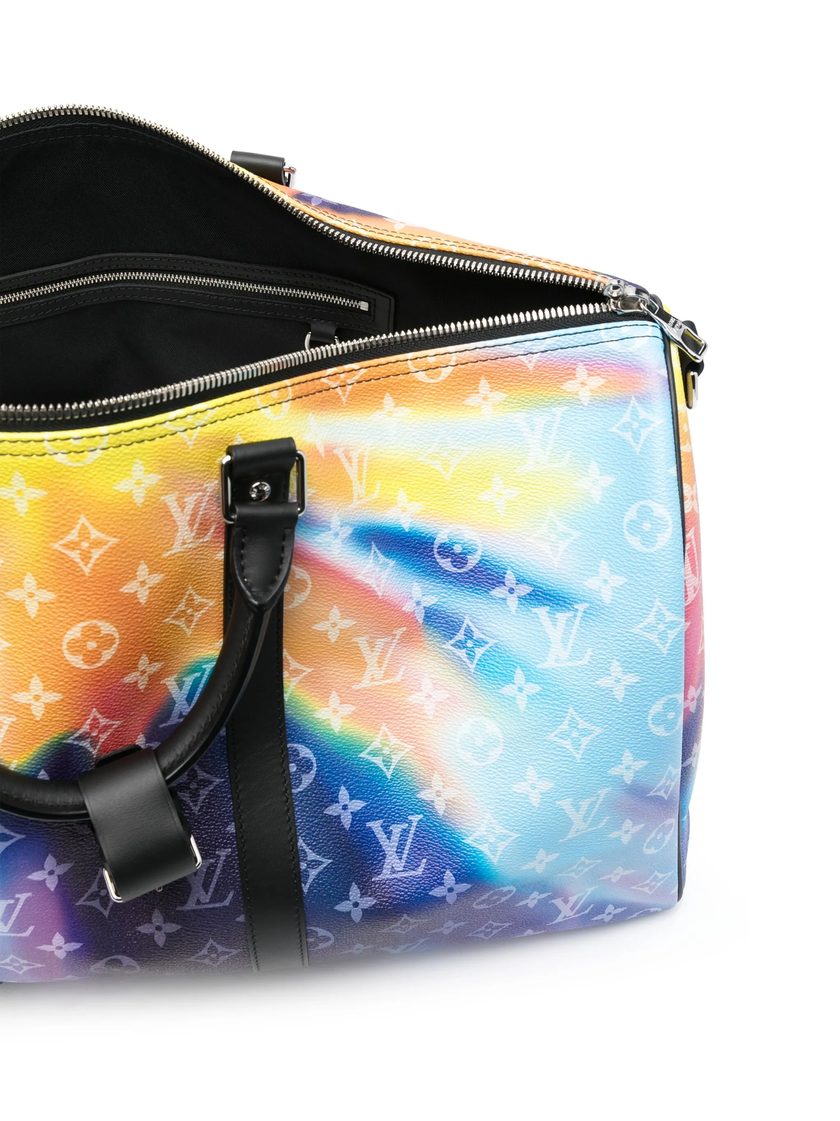 Louis Vuitton Keepall Bandoulière 50 Sunset travel bag with leather handles and spacious design for travel essentials.