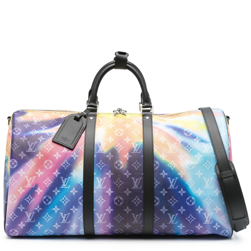 Louis Vuitton Keepall Bandoulière 50 Sunset travel bag with leather handles and spacious design for easy packing.