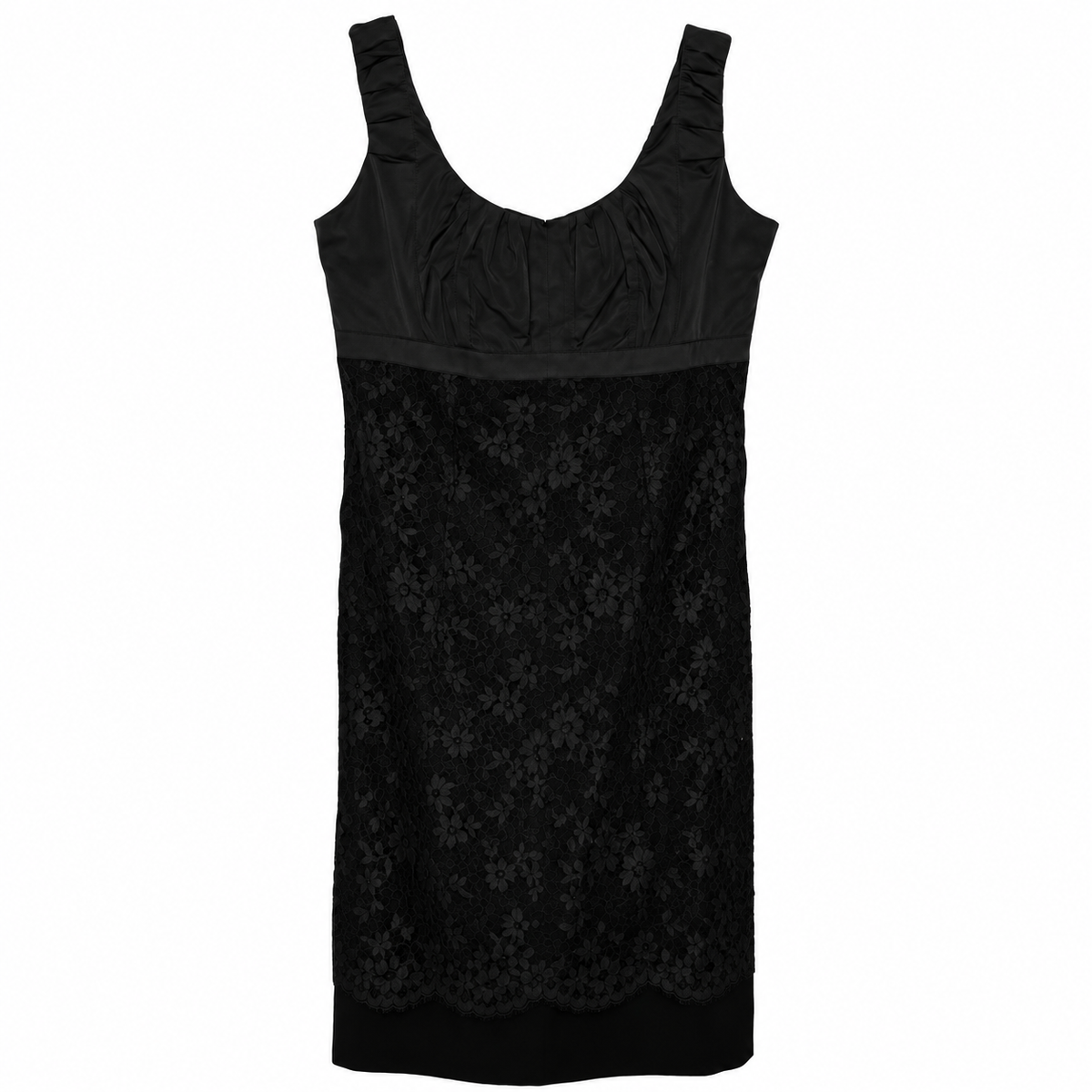 Louis Vuitton black lace corset dress with satin bodice, floral lace body, scoop neckline, wide shoulder straps, fitted silhouette and back zip fastening.