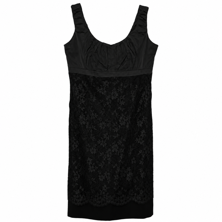 Louis Vuitton black lace corset dress with satin bodice, floral lace body, scoop neckline, wide shoulder straps, fitted silhouette and back zip fastening.