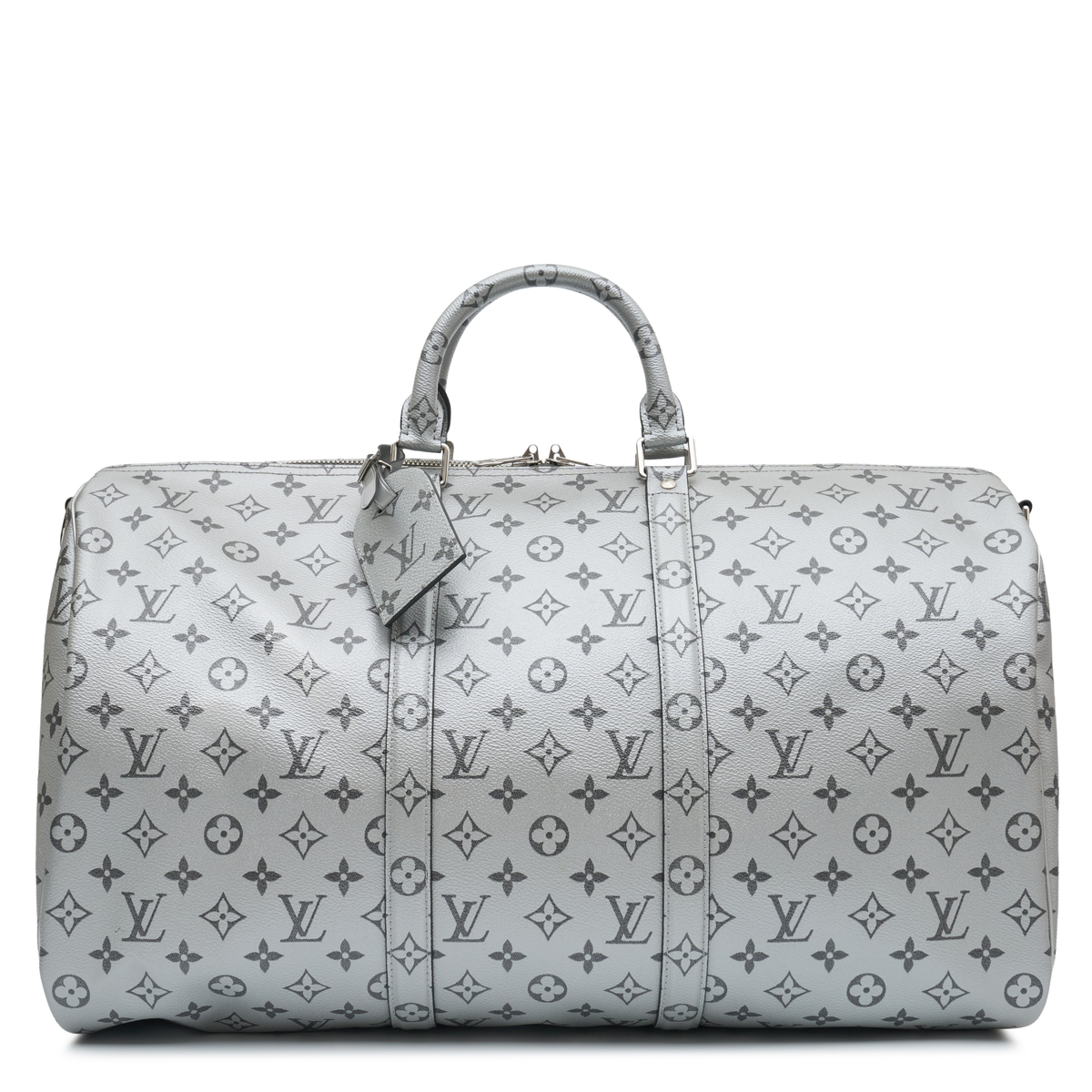 Louis Vuitton Metallic Monogram Keepall Bandoulière 50 in silver Monogram canvas with rolled top handles, silver-tone hardware, top zip closure and matching luggage tag.