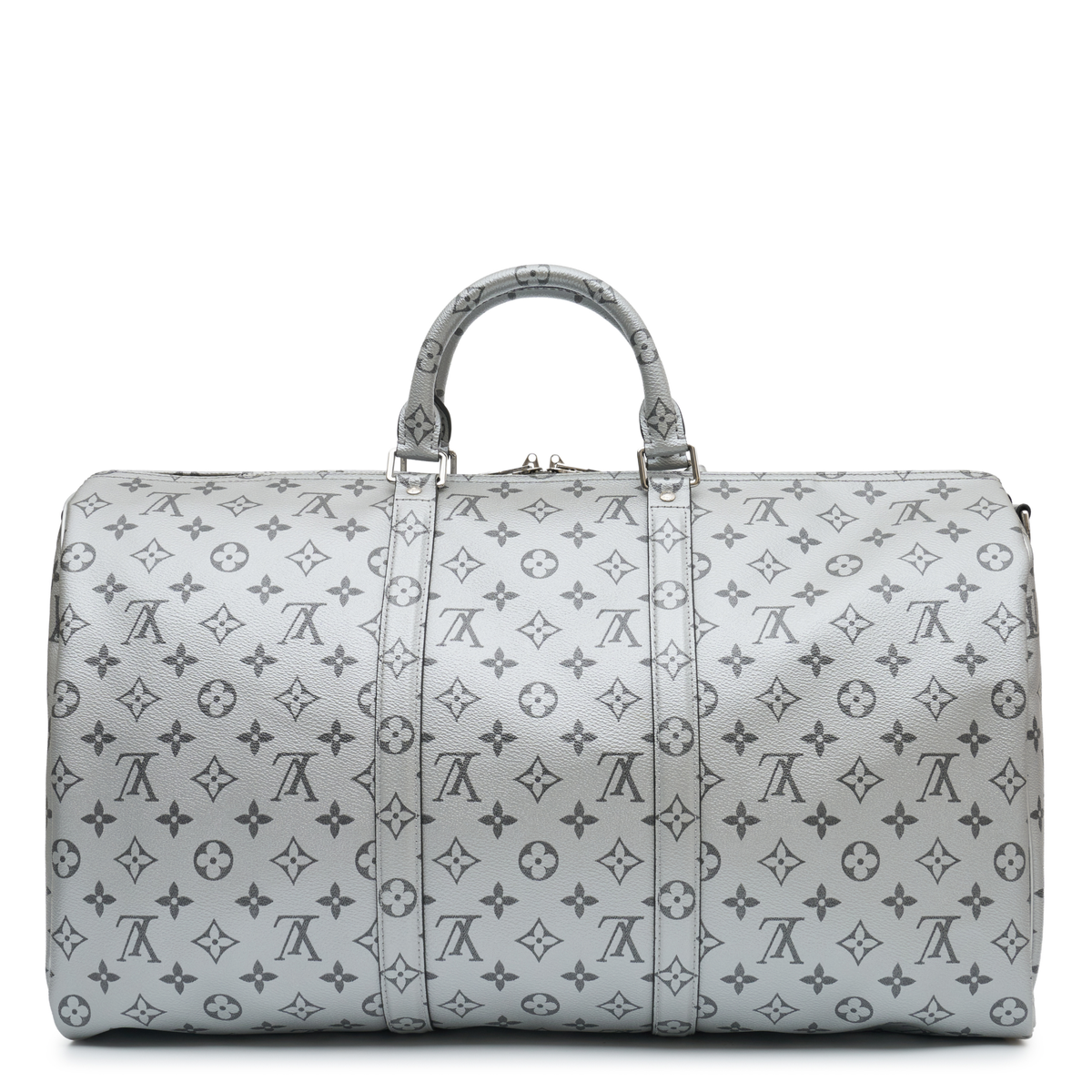 Louis Vuitton Metallic Monogram Keepall Bandoulière 50 in silver Monogram canvas with rolled top handles, silver-tone hardware, top zip closure and matching luggage tag.