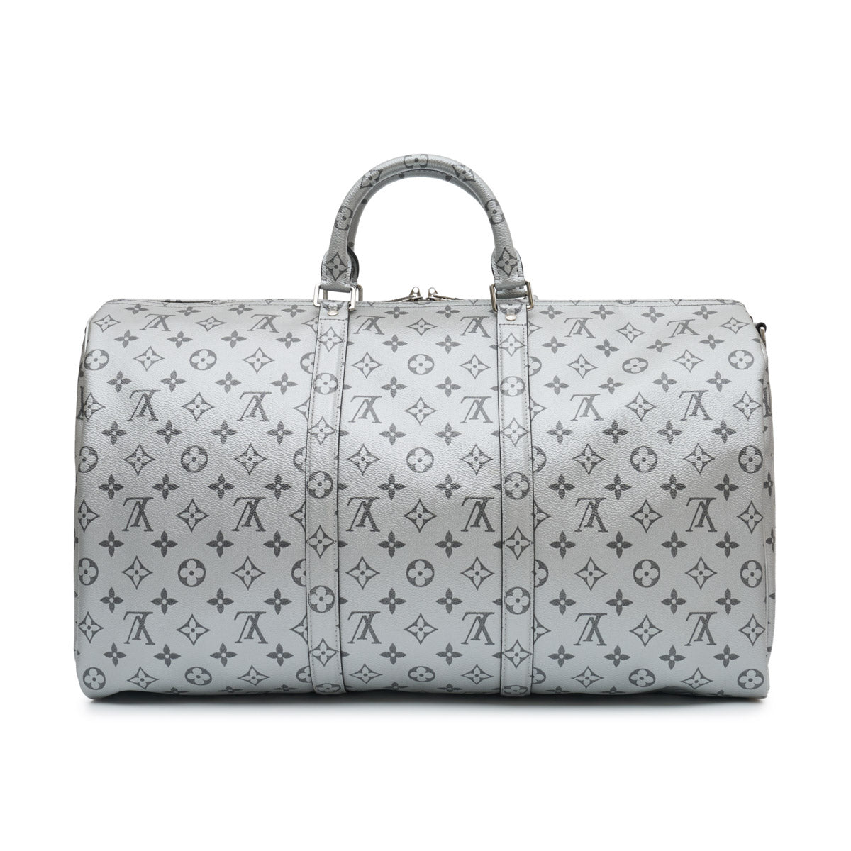 Louis Vuitton Metallic Monogram Keepall Bandoulière 50 in silver Monogram canvas with rolled top handles, silver-tone hardware, top zip closure and matching luggage tag.
