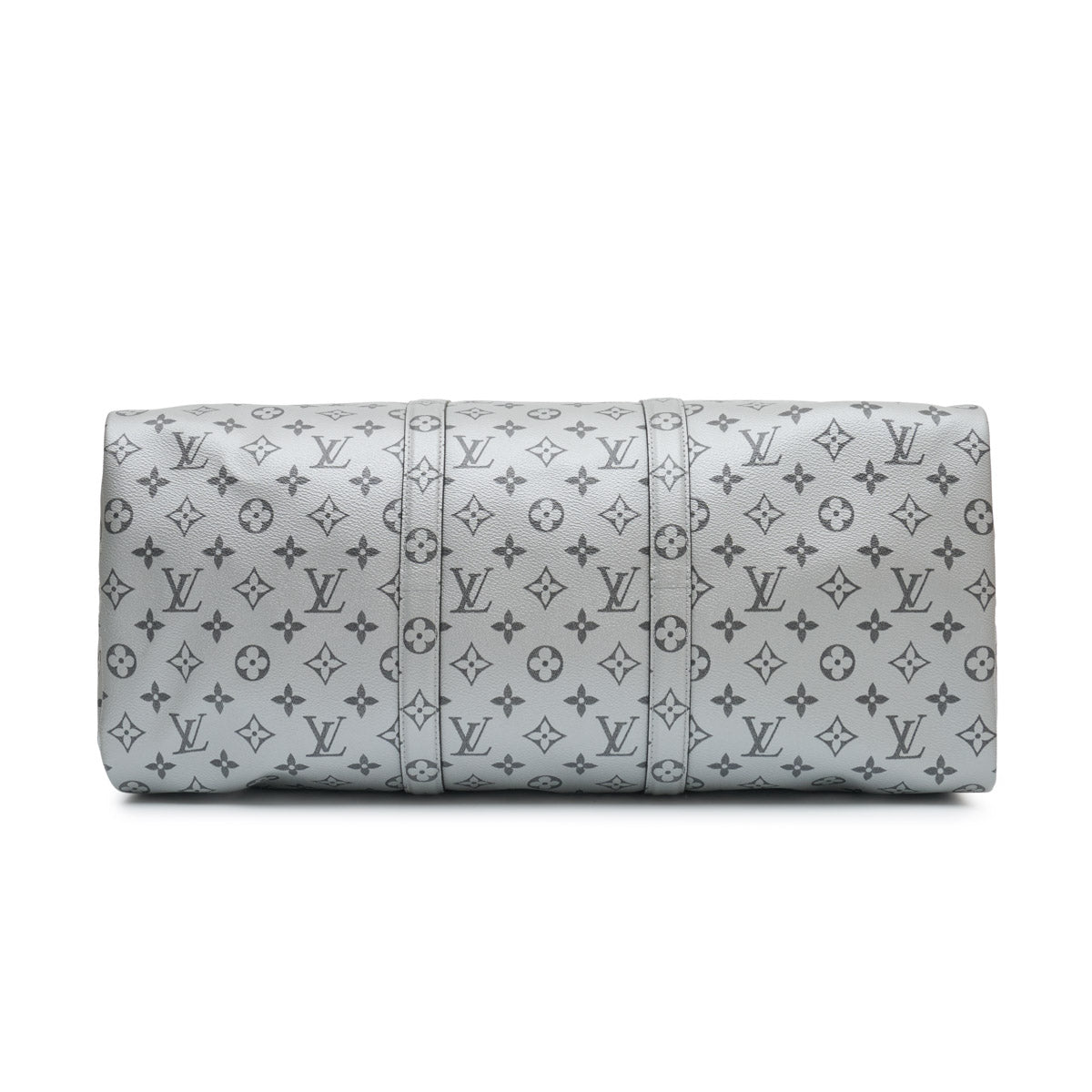 Louis Vuitton Metallic Monogram Keepall Bandoulière 50 in silver Monogram canvas with rolled top handles, silver-tone hardware, top zip closure and matching luggage tag.