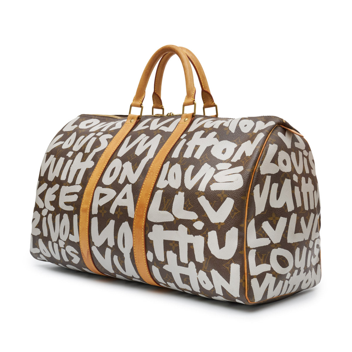 Louis Vuitton Stephen Sprouse Graffiti Keepall 50 travel bag with bold graffiti design and leather handles.