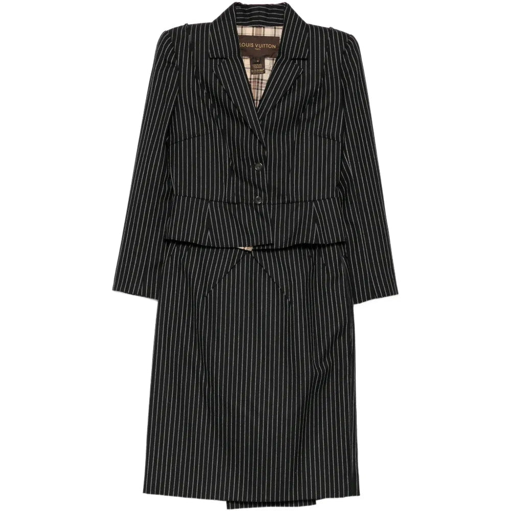 Louis Vuitton striped skirt suit set featuring a tailored blazer and matching skirt, stylish and elegant for formal wear.