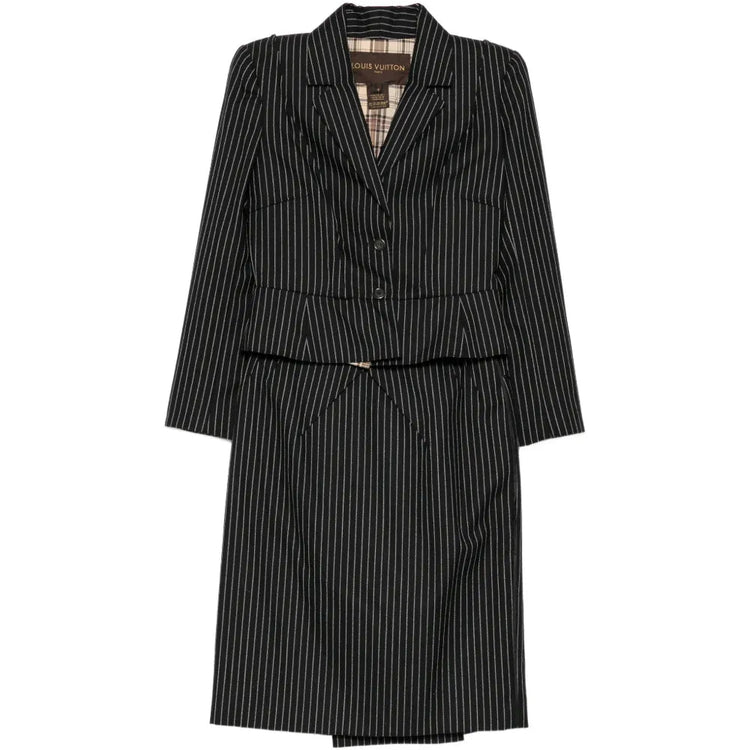 Louis Vuitton striped skirt suit set featuring a tailored blazer and matching skirt, stylish and elegant for formal wear.