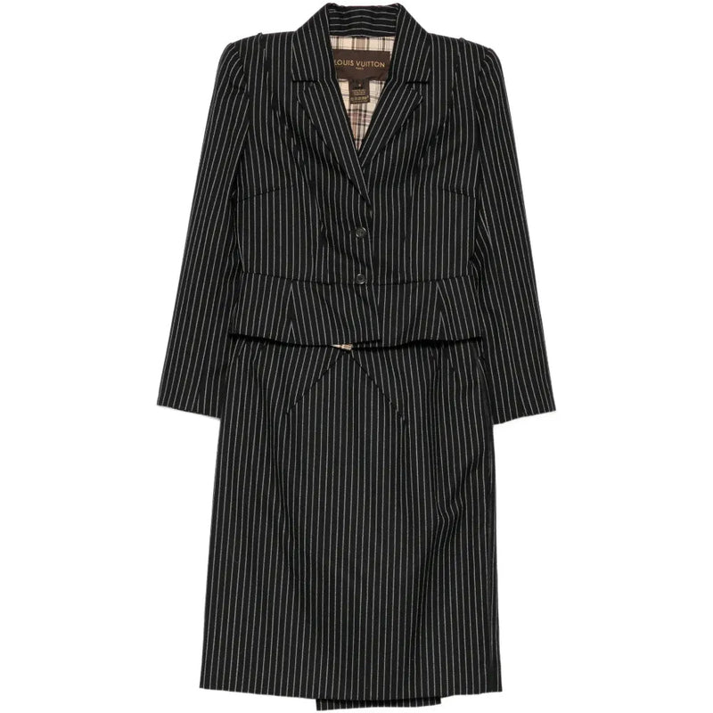 Louis Vuitton striped skirt suit set featuring a tailored blazer and matching skirt, stylish and elegant for formal wear.
