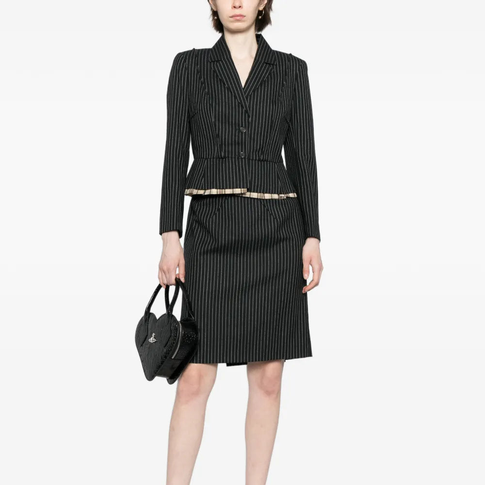 Louis Vuitton striped skirt suit set featuring a tailored blazer and matching skirt, stylish and elegant for sophisticated looks.