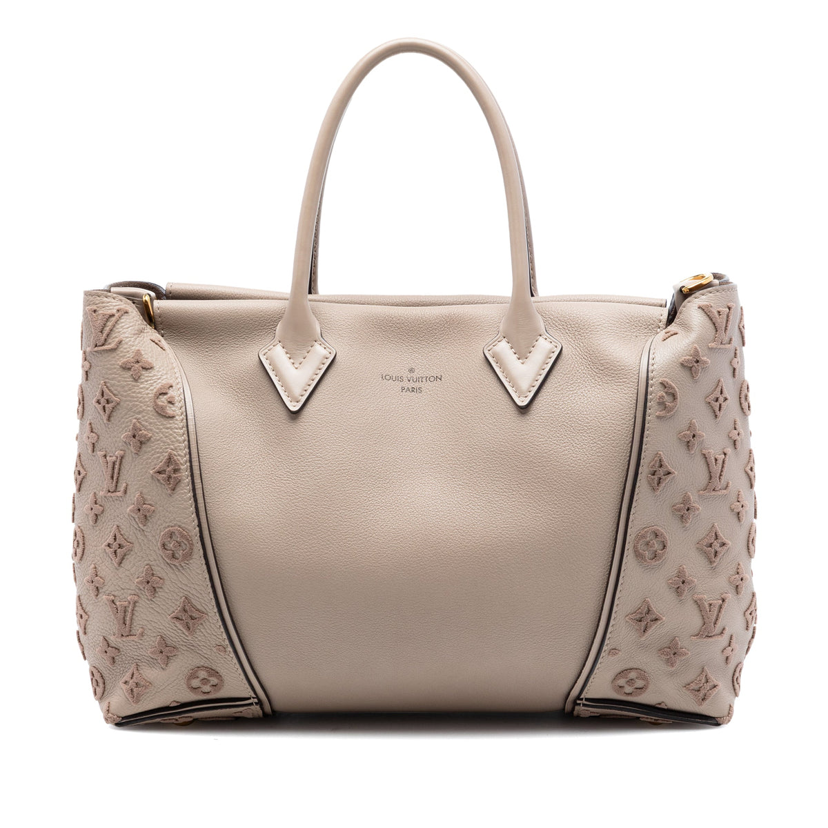 Louis Vuitton Veau Cachemire Tote PM handbag in beige grained leather with tonal Monogram embroidered side panels, double top handles and gold-tone hardware.
