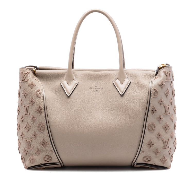 Louis Vuitton Veau Cachemire Tote PM handbag in beige grained leather with tonal Monogram embroidered side panels, double top handles and gold-tone hardware.