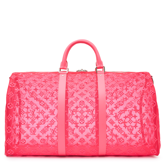 Louis Vuitton Virgil Abloh Mesh Pink Keepall Bandoulière 50 in bright pink monogram mesh with matching leather handles and silver-tone hardware.