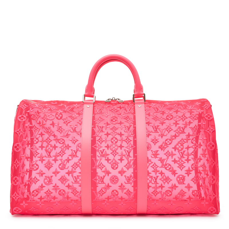 Louis Vuitton Virgil Abloh Mesh Pink Keepall Bandoulière 50 in bright pink monogram mesh with matching leather handles and silver-tone hardware.