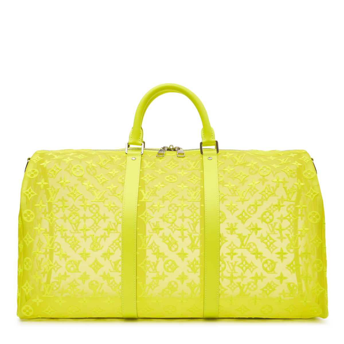 Louis Vuitton Virgil Abloh Mesh Yellow Keepall 50 in neon yellow monogram mesh with tonal leather handles, semi-transparent construction and silver-tone hardware.