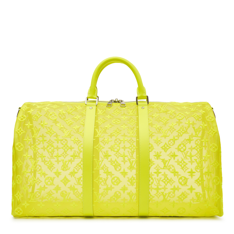 Louis Vuitton Virgil Abloh Mesh Yellow Keepall 50 in neon yellow monogram mesh with tonal leather handles, semi-transparent construction and silver-tone hardware.