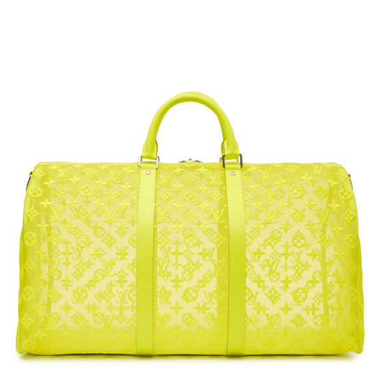 Louis Vuitton Virgil Abloh Mesh Yellow Keepall 50 in neon yellow monogram mesh with tonal leather handles, semi-transparent construction and silver-tone hardware.
