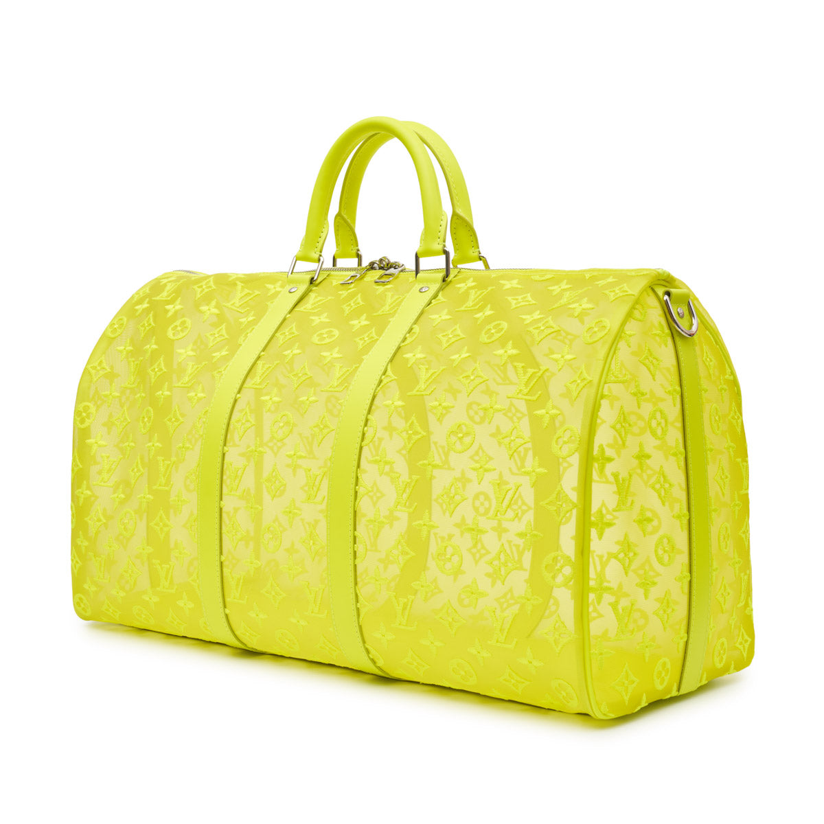 Yellow Virgil Abloh Louis Vuitton Keepall 50 mesh travel bag with black accents and zipper closure.