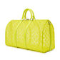 Yellow Virgil Abloh Louis Vuitton Keepall 50 mesh travel bag with black accents and zipper closure.