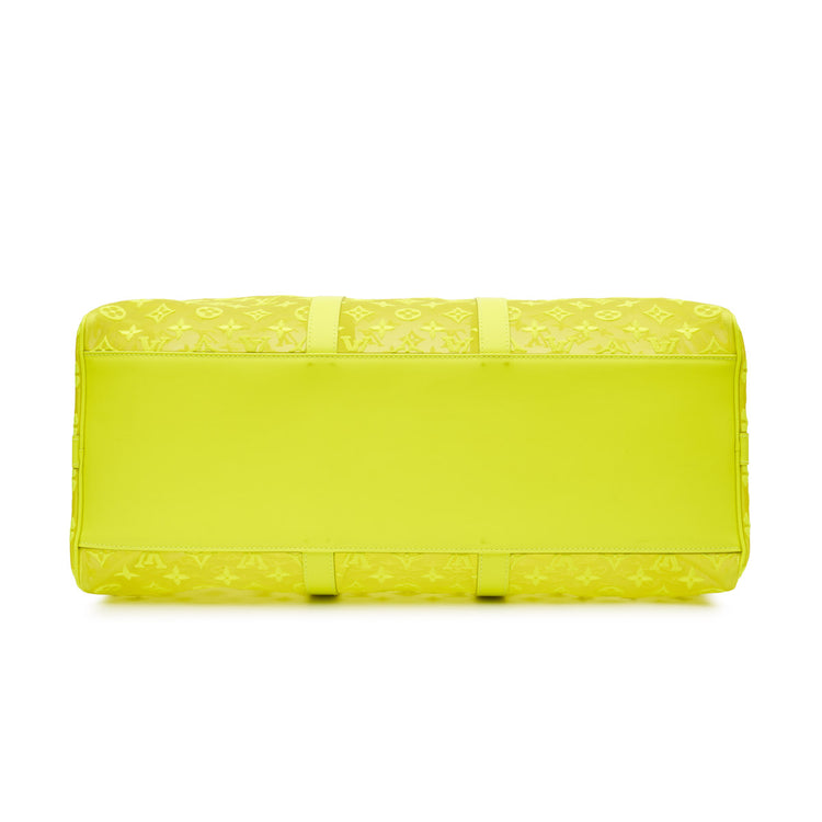 Louis Vuitton Virgil Abloh Mesh Yellow Keepall 50 travel bag with durable design and spacious interior.