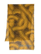 Louis Vuitton x Yayoi Kusama scarf in mustard yellow and brown with all-over polka dot artwork, Monogram motifs, blue Louis Vuitton signature and frayed edges.